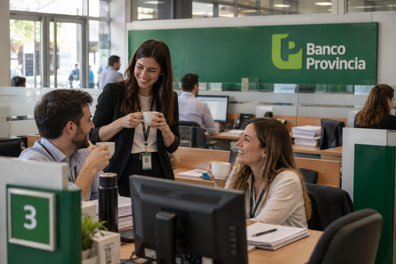 Un equipo de cuatro compañeros compartiendo café durante la jornada laboral en una oficina